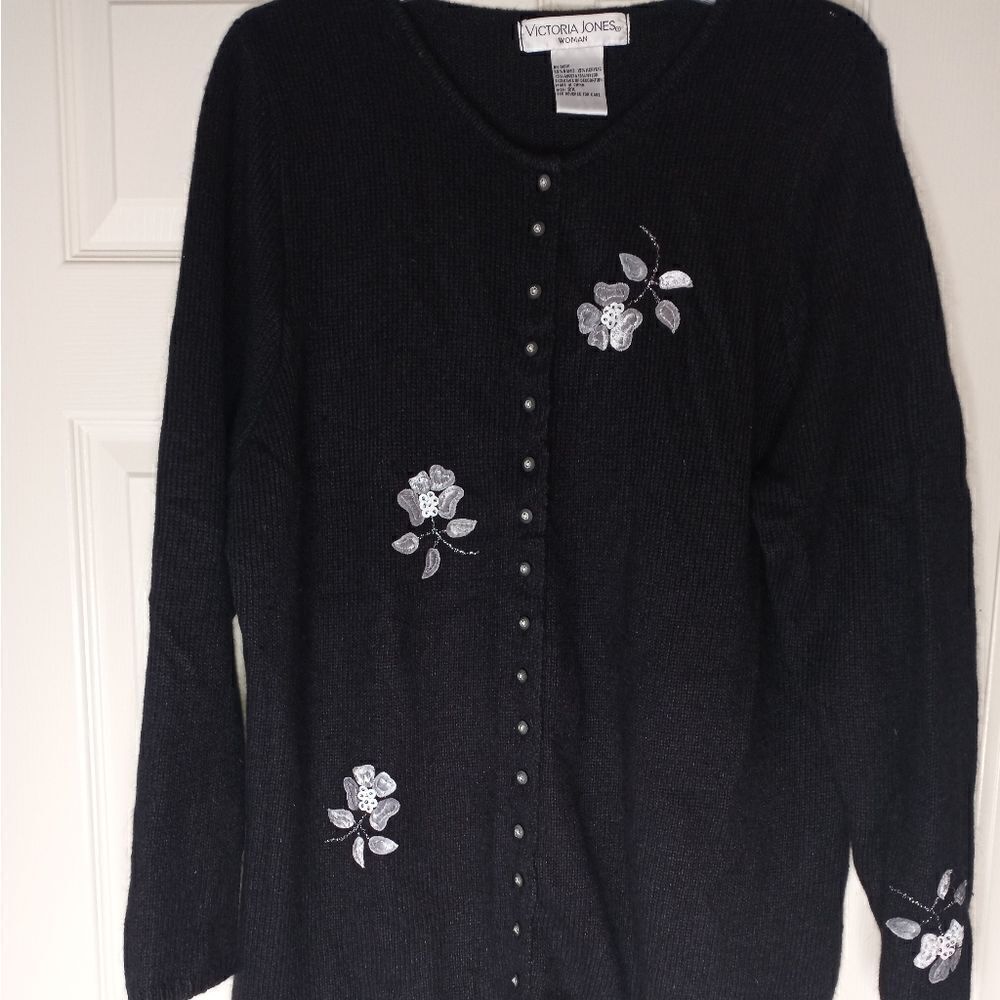 Victoria Jones 2X AngoraBlend Black EmbroideryKnittedButtonsUpLslWomen'sCardigan